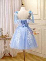 Blue Tulle Appliques Homecoming Dress
