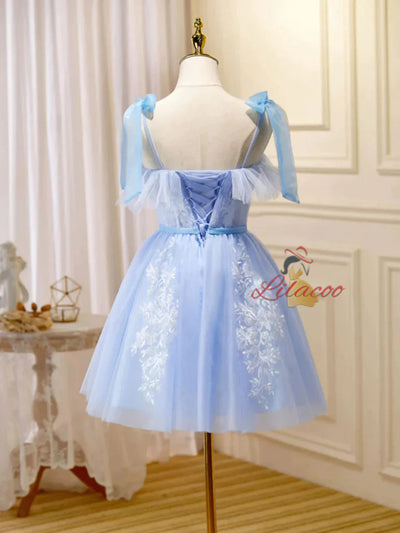 Blue Tulle Appliques Homecoming Dress