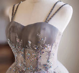 Gray Tulle Sequins Straps Homecoming Dress