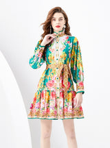Lantern Long Sleeve Breasted Printed Ruffled Dress