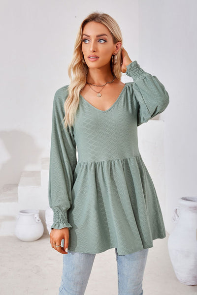 Stitching V-neck Long-sleeved Loose T-shirt