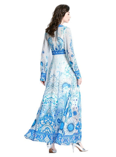Retro Deep V-neck Lantern Sleeve Printed Dress
