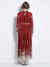 Printed Lantern Sleeve Pleated Belt Dress