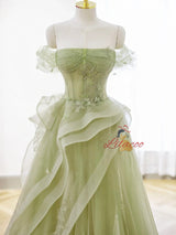 Green Tulle Beading Appliques Prom Dress