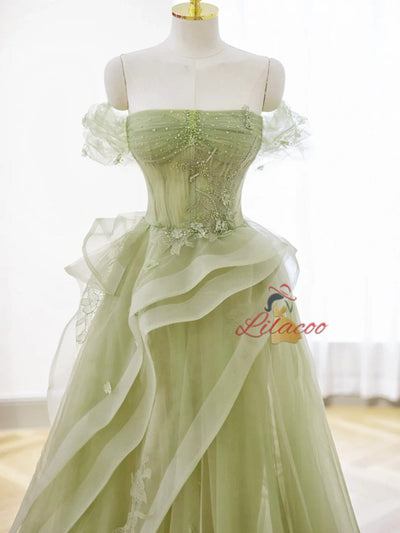 Green Tulle Beading Appliques Prom Dress