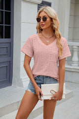 Solid Color Pocket V-neck Short Sleeve T-shirt
