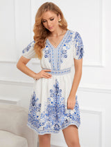 V-neck Short Sleeve Print Dress