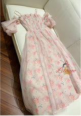 Strap Off-the-shoulder Bubble Sleeve Floral Dress