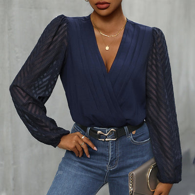 Spliced Long-sleeved Gauze Perspective Jumpersuit