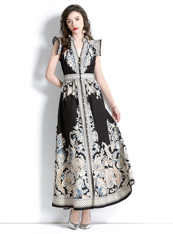 Retro Palace Style V-neck Printed Dress