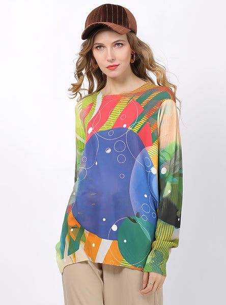Printed Round Neck Long Sleeve Loose Sweater