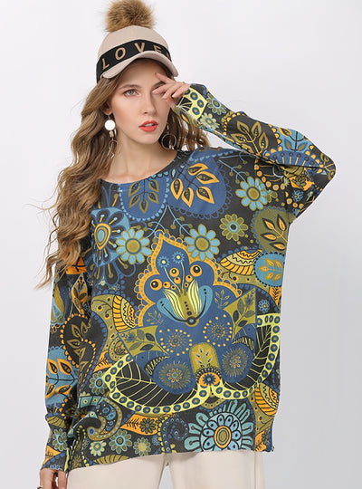 Retro Printed Round Neck Loose Sweater