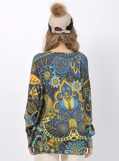 Retro Printed Round Neck Loose Sweater