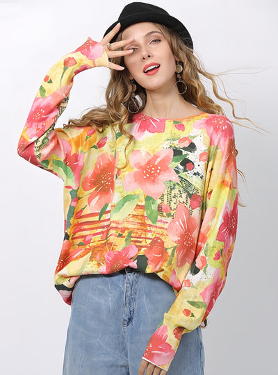 Pink Flower Print Casual Loose Sweater