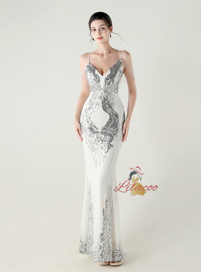 Mermaid Sequins Spaghetti Straps Beading Prom Dress