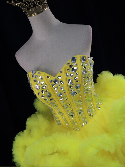 Yellow Tulle Crystal Homecoming Dress