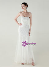 Mermaid Tulle Sequins Strapless Beading Prom Dress