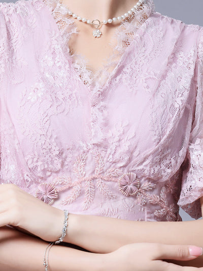 Pink Lace V-neck Beading Mother Of The Bride Dress