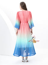 V-neck Flared Sleeve Gradient Dress