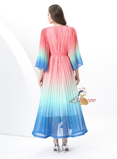 V-neck Flared Sleeve Gradient Dress