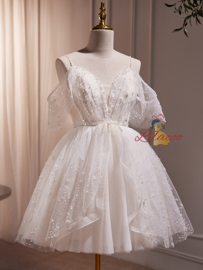 White Tulle Sequins Pearls Homecoming Dress