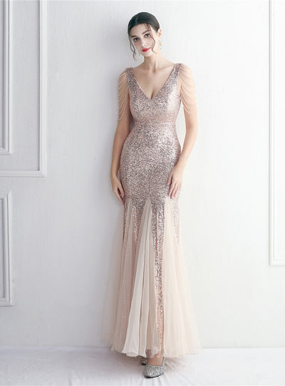 Tulle Sequins V-neck Beading Prom Dress