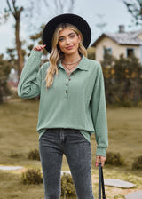 Solid Color Lapel Button Loose Long Sleeve Top