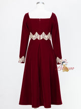 Burgundy Velvet Long Sleeve Lace Prom Dress