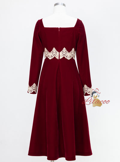 Burgundy Velvet Long Sleeve Lace Prom Dress