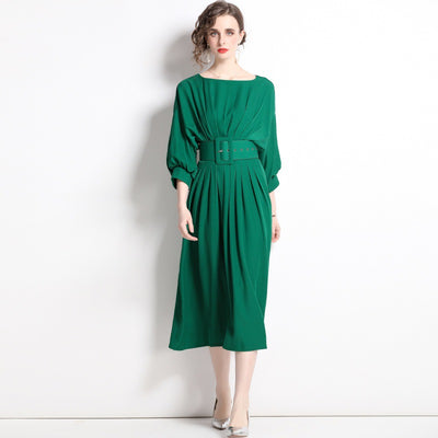 Bat Sleeve High Waist Pleated Dress with Belt