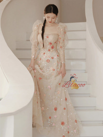Champagne Tulle Sequins Prom Dress