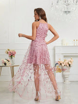 Pink Tulle Sequins Hi Lo Prom Dress
