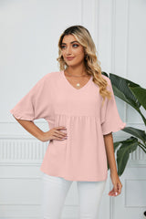 Solid Color V-neck Loose Stitching Chiffon Top