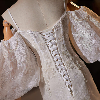 White Mermaid Lace Puff Sleeve Wedding Dress