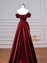 Burgundy Off the Shoulder Pleats Prom Dress