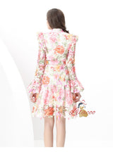 Retro Lace V-neck Long Sleeve Printed Dress