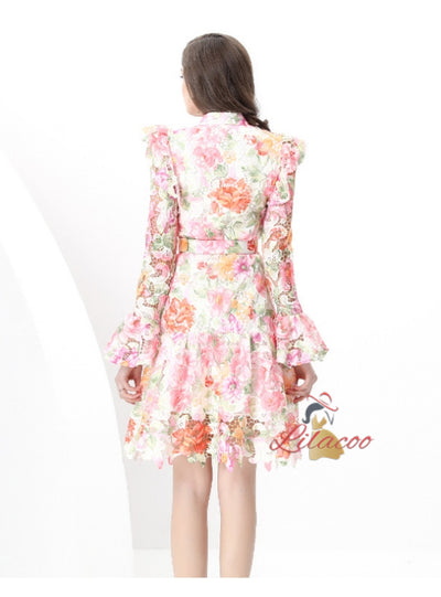 Retro Lace V-neck Long Sleeve Printed Dress