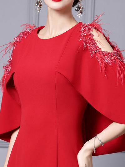 Red Scoop Neck Sequins Mother Of The Bride Dress