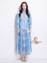 Retro Stand-up Button Printed Dress