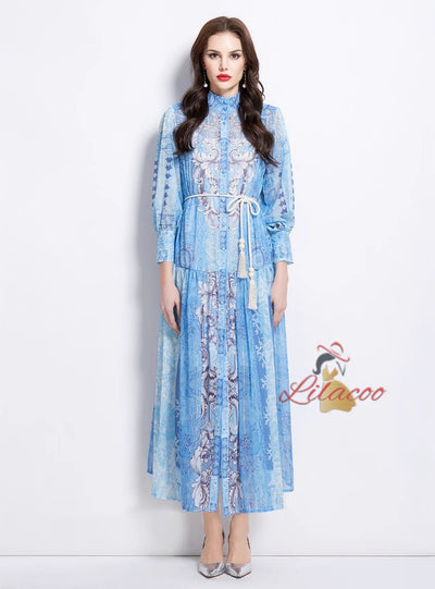 Retro Stand-up Button Printed Dress