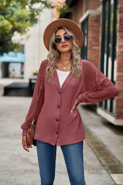 Long Sleeve Solid Color Loose Button Lace Top