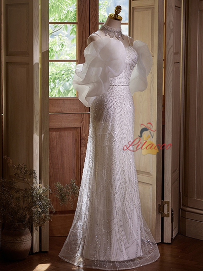 White Mermaid Sequins Spaghetti Straps Wedding Dress