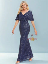 Short-sleeved V-neck Sequins Evening Dress