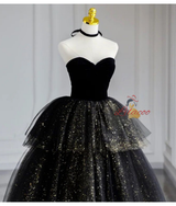 Black Tulle Sequins Strapless Tiers Prom Dress