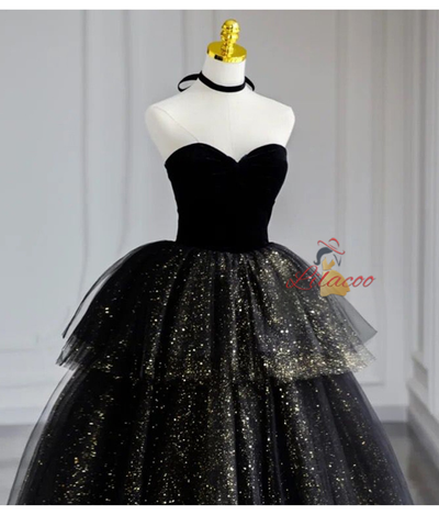 Black Tulle Sequins Strapless Tiers Prom Dress