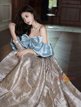 Long Sleeve Print Off the Shoulder Bow Prom Dress