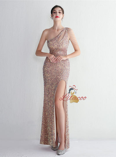 One Shoulder Sequins Beading Split Prom Dress
