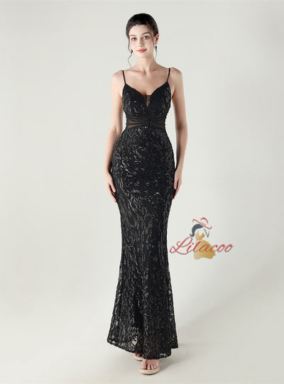 Mermaid Spaghetti Straps Sequins Beading Prom Dress