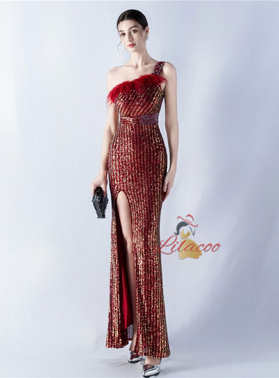 Mermais Sequins One Shoulder Split Prom Dress