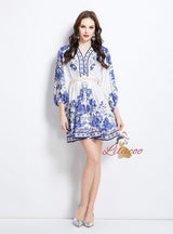 Fashion Printed Slim V-neck Lantern Sleeve Dress